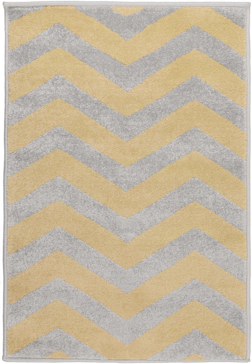Close-up of the Eloy Area Rug showing a chevron pattern in charcoal gray and mustard yellow. Design-Rectangle