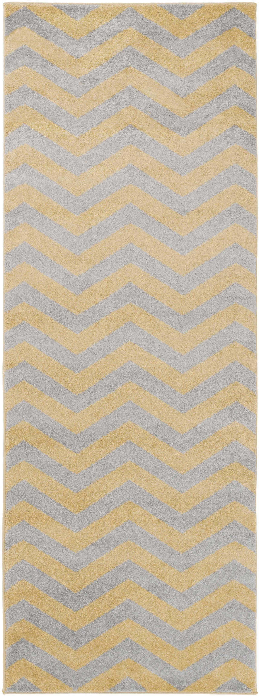 Close-up of the Eloy Area Rug. Charcoal and mustard chevron pattern. Soft, textured polypropylene rug. Design-Runner-2773