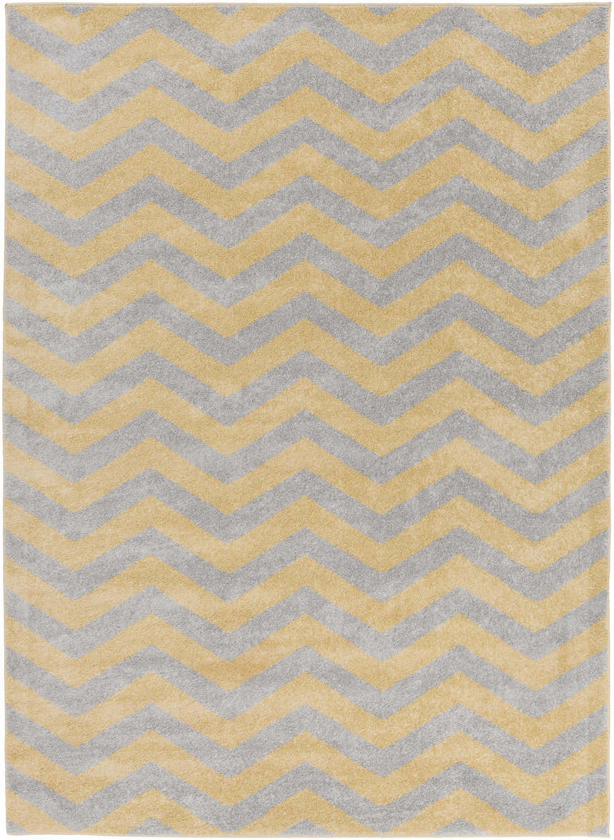 Close-up of the Eloy Area Rug. Charcoal and mustard chevron pattern, machine woven polypropylene rug. Design-Rectangle