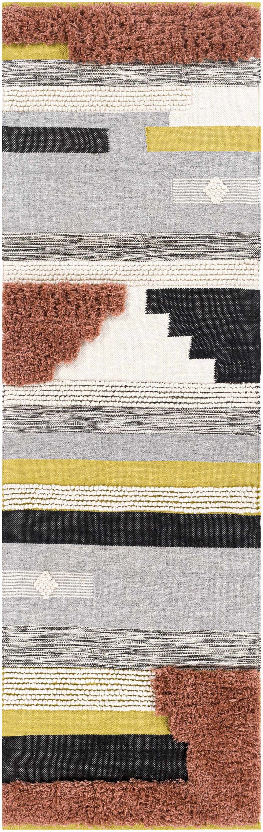 Close-up of the Elsenham Area Rug, a hand-woven runner with black, brick red, cream, gray, mustard, and rust colored stripes. Design-Runner-268