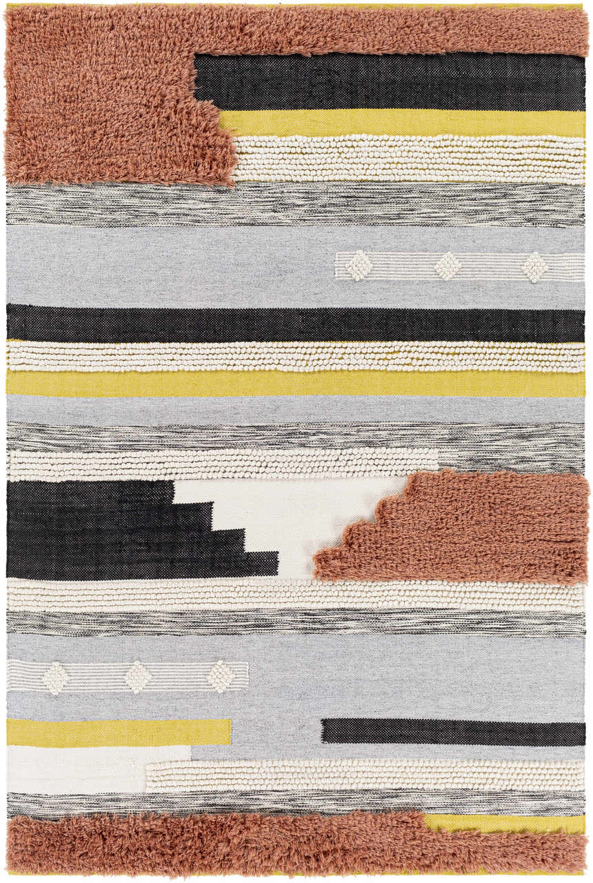 Close-up of the Elsenham Area Rug. Hand-woven cotton rug with black, gray, cream, mustard, and rust colored stripes and tufted accents. Design-Rectangle-576