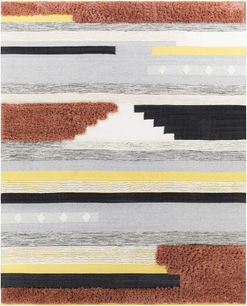 Close-up of Elsenham Area Rug. Hand-woven cotton rug with black, brick red, cream, gray, mustard, and rust horizontal stripes. Design-Rectangle-810