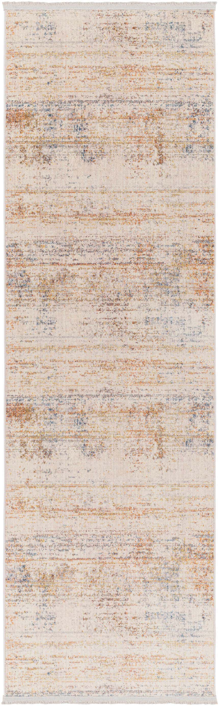 Close-up of the Eltingville Area Rug. Contemporary style with brick red, burnt orange, and blue on a cream background. Design-Runner-279