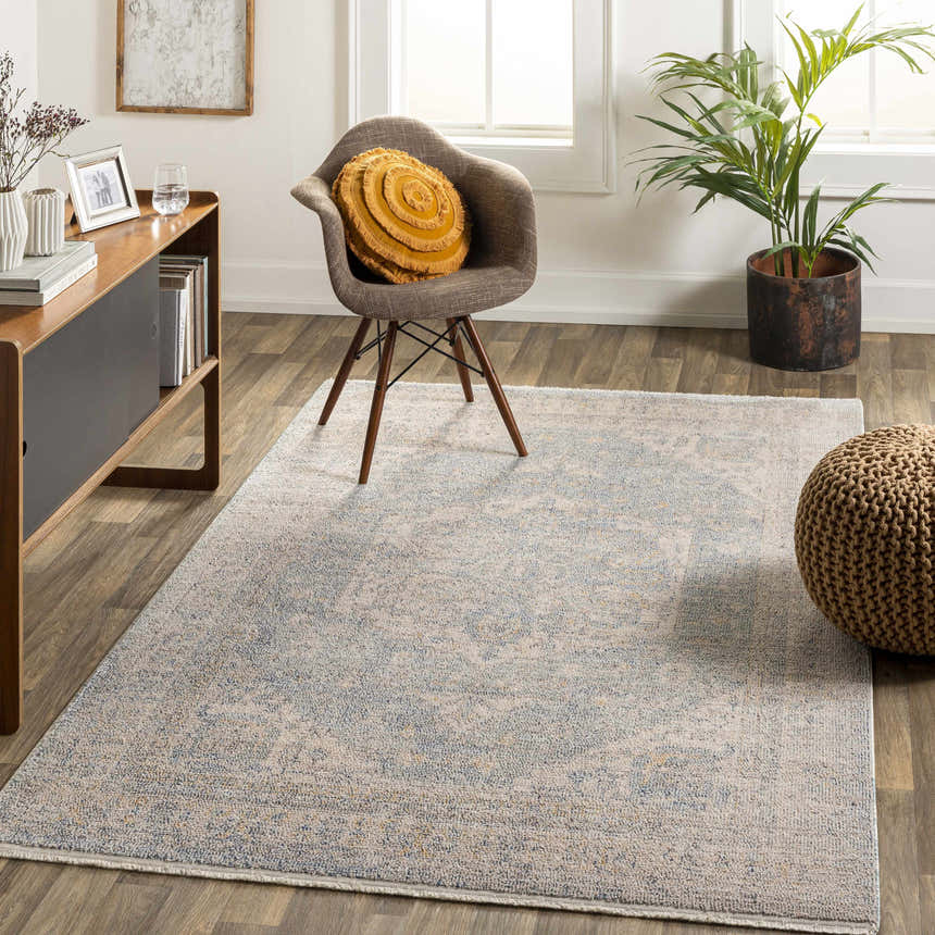 Living room scene with a light blue Tusa Blue Area Rug, wood floors, chair, cabinet, and plant. Roomscene-Rectangle