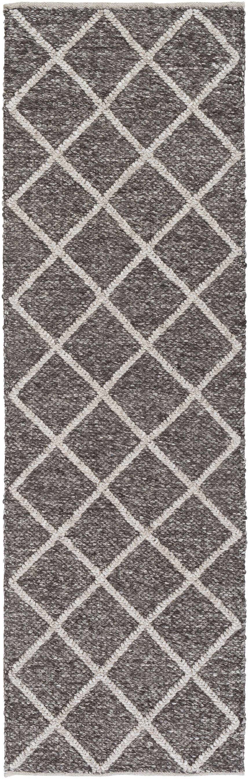 Close-up of the Syosset 2x3 Brown Trellis Wool & Viscose Rug. Hand-woven rug with a brown and cream diamond pattern. Design-Runner-268