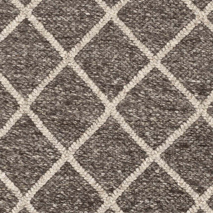 Close-up of the hand woven Syosset 2x3 Brown Trellis Wool & Viscose Rug, showing the brown and cream diamond pattern. Swatch