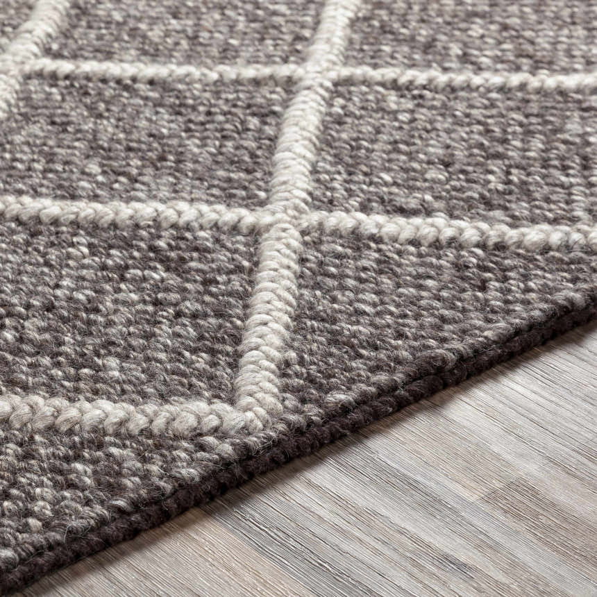 Close-up of the hand-woven Syosset 2x3 Brown Trellis Wool & Viscose Rug showing its texture and trellis pattern. Texture