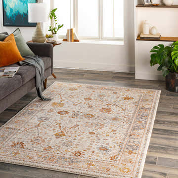 Living room with gray sofa and Paatan Luxe Floral Oushaq Area Rug in cream, orange, and gray floral pattern. Roomscene-Rectangle