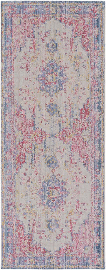 Close-up of the Eufaula Area Rug, a machine-woven rug with a traditional pattern in burgundy, gray, lavender, and yellow. Design-Runner-338