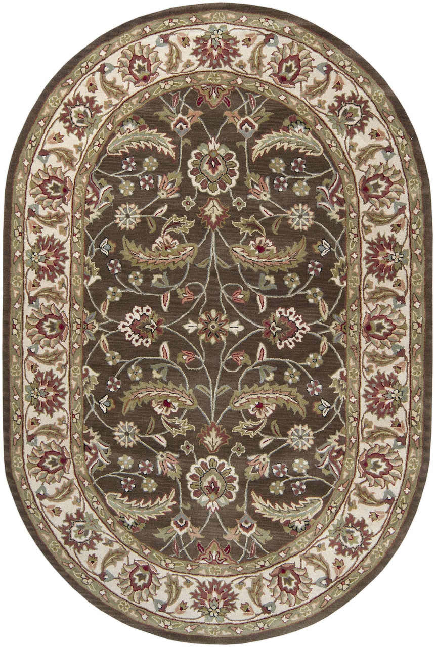 Close-up of the oval Eupora Wool Rug. Features a traditional floral pattern in dark brown, red, olive, and cream. Design-Oval-69