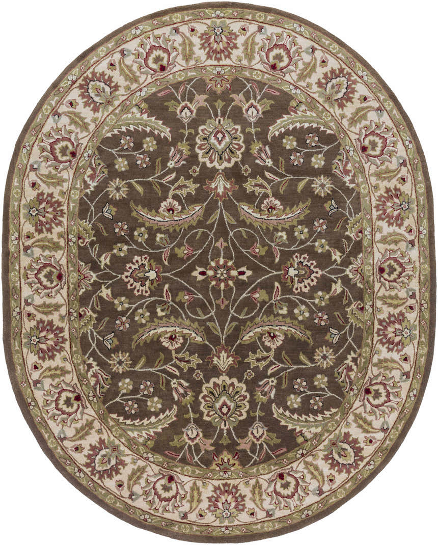 Detailed round Eupora Wool Rug in brown with traditional floral pattern and border. Hand-tufted rug. Design-Oval-810
