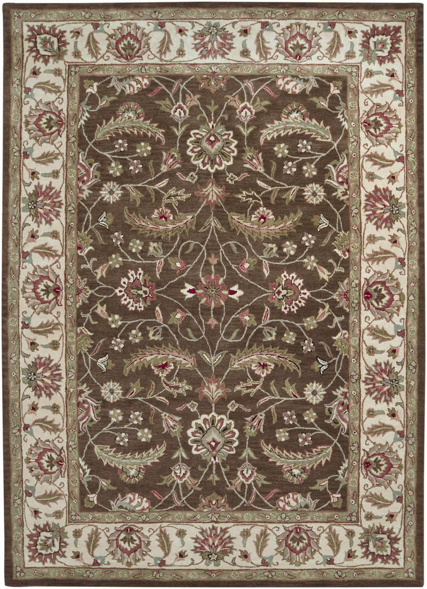 Detailed Eupora Wool Rug, a traditional hand-tufted rug in brown with floral and leaf pattern and a light neutral border. Design-Rectangle-811