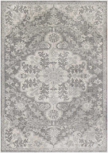 Close-up of the Everglades Area Rug, showcasing its traditional gray, charcoal, and beige vintage-inspired pattern. Design-Rectangle-5373