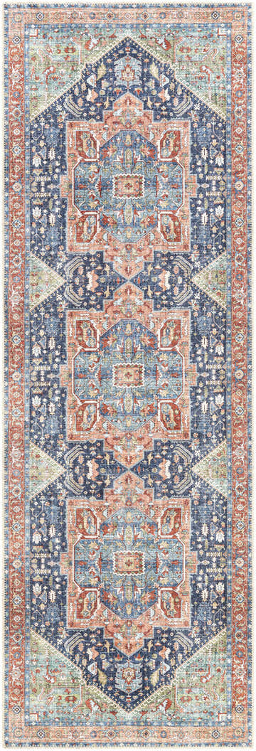 Detailed Exira Washable Area Rug with a traditional Persian-inspired design in blue, brick red, and camel tones. Design-Runner-27710