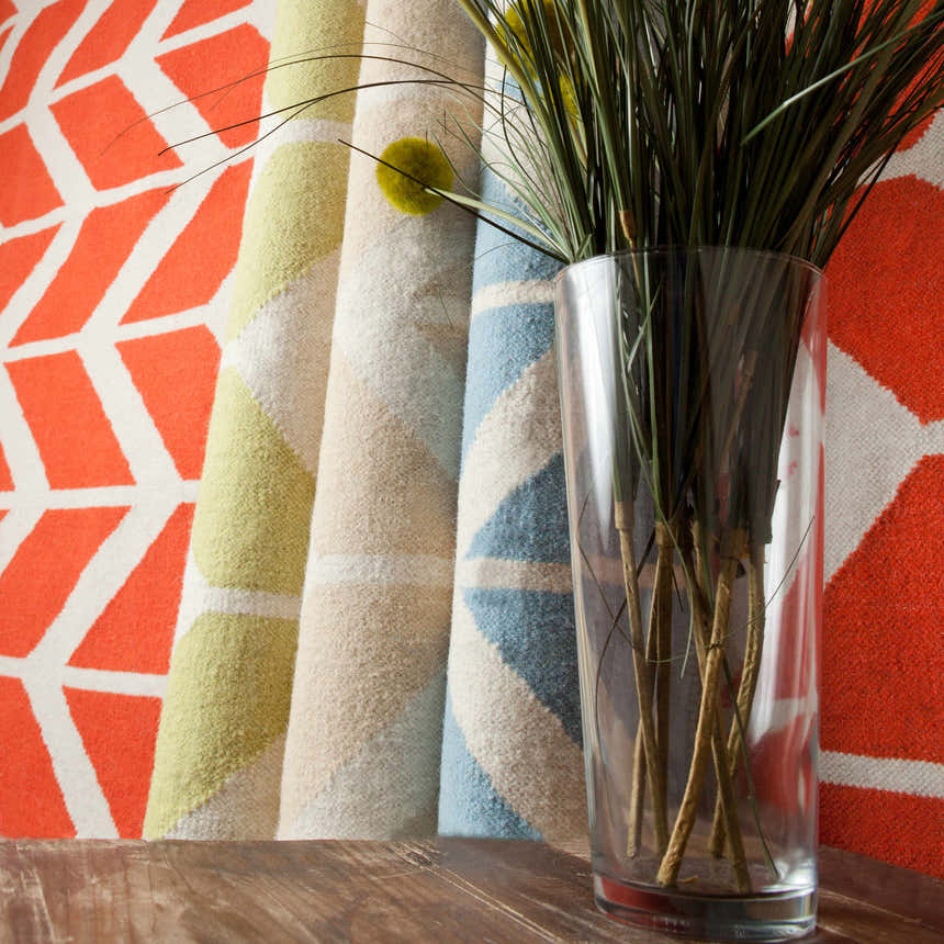 Rolled Elamton Area Rugs in beige, cream, and blue with a geometric pattern and a vase of greenery. Styleshot