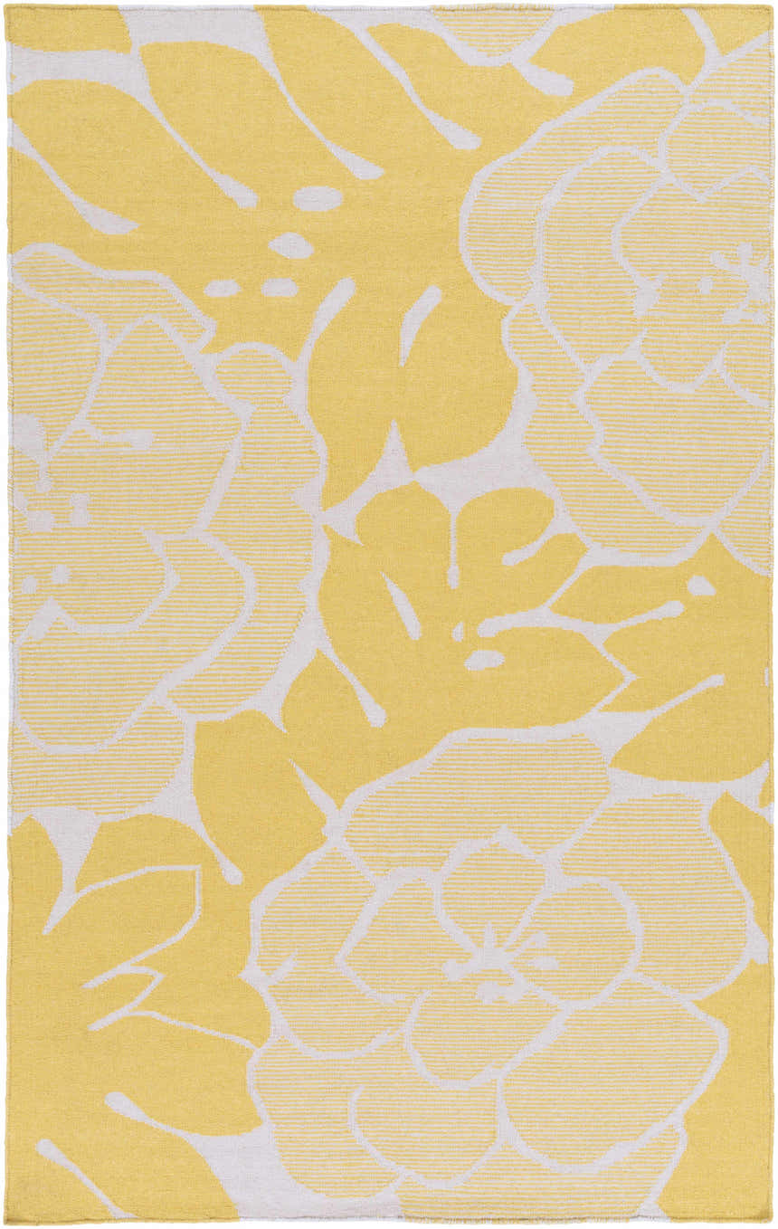 Close-up of the Falmouth Area Rug, a hand-woven wool rug with a light gray and mustard floral pattern. Design-Rectangle-58