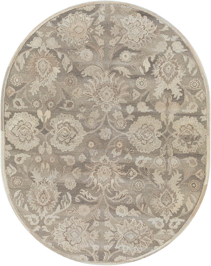 Close-up of oval Conesus 1195 rug. Hand-tufted wool rug in ivory and taupe with a traditional floral pattern. Design-Oval-810