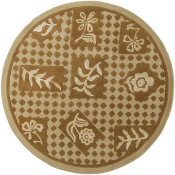 Close-up of round Farmerstown Area Rug. Camel and ivory wool rug with floral and leaf design. Hand-tufted contemporary style. Design-Round-59