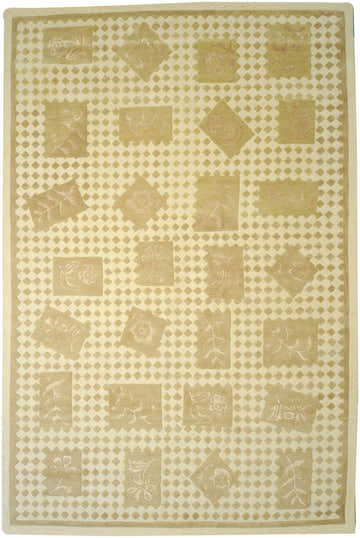 Close-up of the Farmerstown Area Rug. Hand-tufted wool rug with camel, ivory, and tan floral and diamond pattern. Design-Rectangle-913