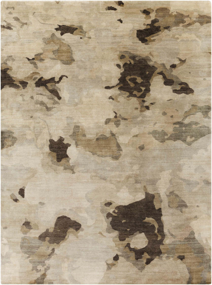 Close-up of the Faubush Area Rug. Hand-knotted wool rug with a contemporary abstract pattern in dark brown, light brown, and gray. Design-Rectangle-811