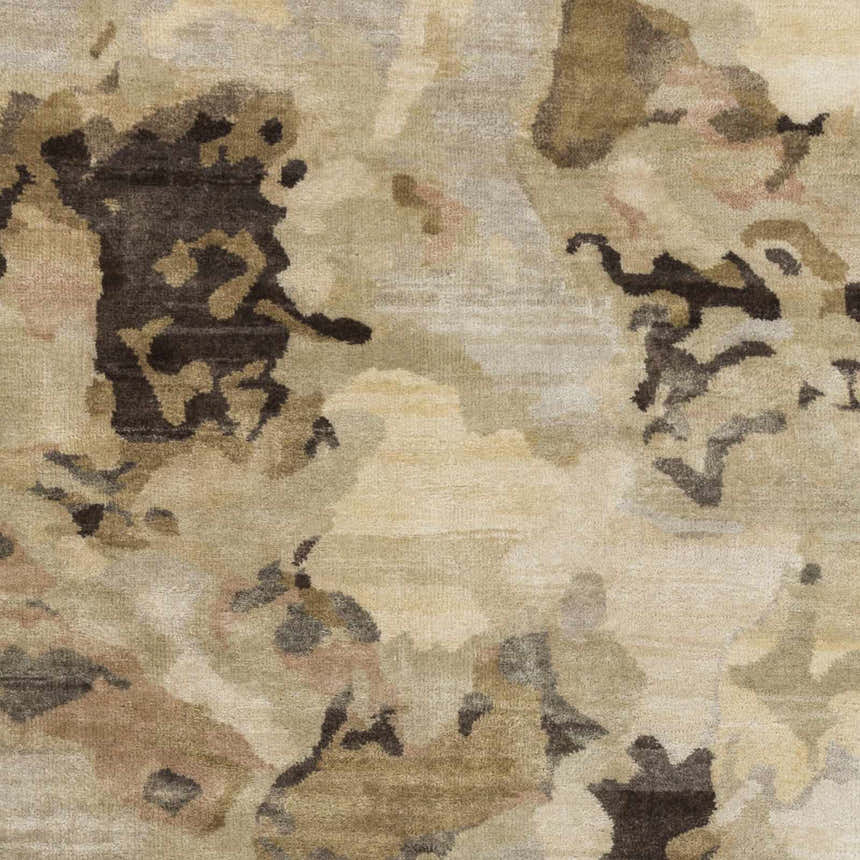 Close-up of the hand-knotted Faubush Area Rug. Contemporary design with dark brown, light brown, gray, olive, and peach tones. Swatch