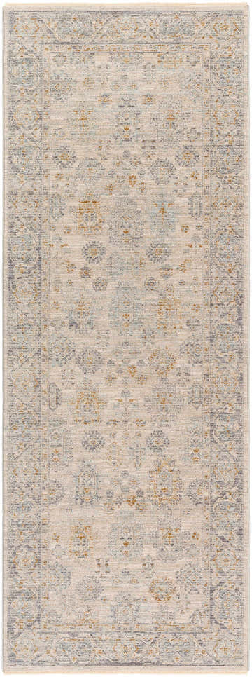 Close-up of the Coby Sage Avant Garde rug. Traditional floral pattern in brown, teal, gray, and beige. Luxe texture. Design-Runner-2710
