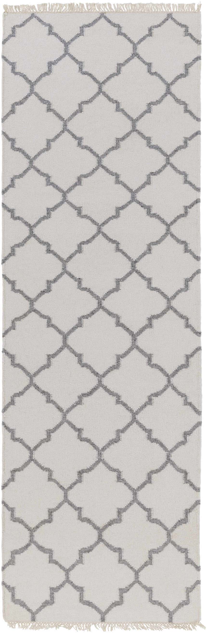 Close-up of the hand woven Fellsmere Area Rug. Charcoal geometric lattice design on ivory wool with fringe. Design-Runner-268