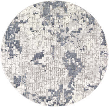 Round Fence Area Rug in denim, ivory, and gray. Abstract contemporary design. Clearance rug. Design-Round-53