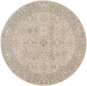 Round Feray Thick Luxe Area Rug in cloud gray, nutmeg, and light gray with a traditional floral pattern. Design-Round-53