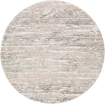 Close-up of round Ferrelview Area Rug. Contemporary design in gray, ivory, light gray, medium gray, and tan. Design-Round-710