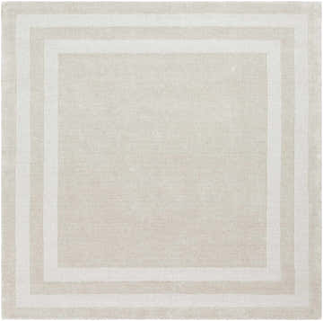 Close-up of the hand-tufted Ferrum Area Rug. Beige and taupe wool rug with a simple, contemporary striped border design. Design-Square-8