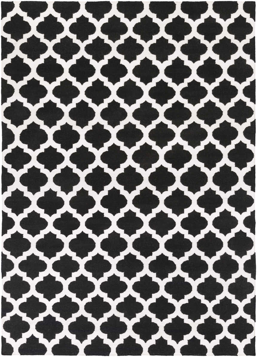 Close-up of the Fleetville Area Rug. Black and ivory wool rug with a geometric quatrefoil pattern. Hand woven rug texture. Design-Rectangle-811