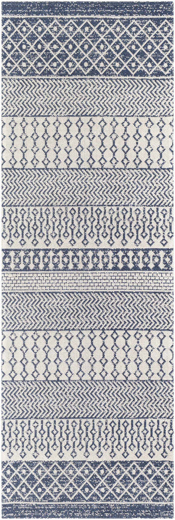 Close-up of the Flockton Washable Area Rug. Light blue and white cotton rug with a bohemian geometric pattern. Design-Runner-2773