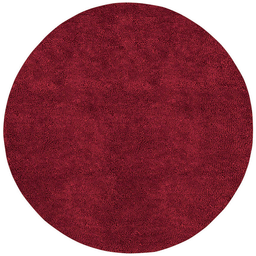 Close-up of a round Frederika Solid Dark Red Wool Shag Rug showing its plush, textured pile. Design-Round-8