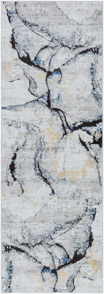 Close-up of the Fremantle Gray Marble Rug, showcasing its cream, gray, gold, and blue abstract pattern. Design-Runner-2773