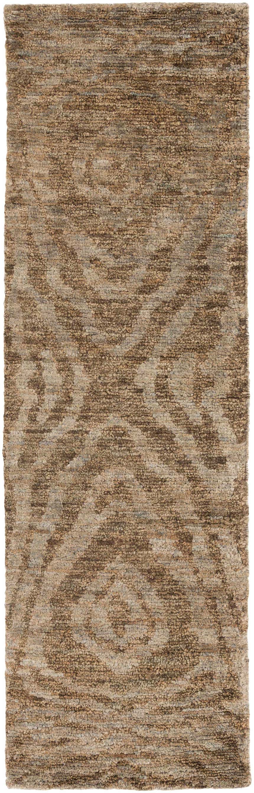 Close-up of the Farmersville Jute Carpet. Hand-knotted rug with a contemporary dark brown and charcoal pattern and textured weave. Design-Runner-268