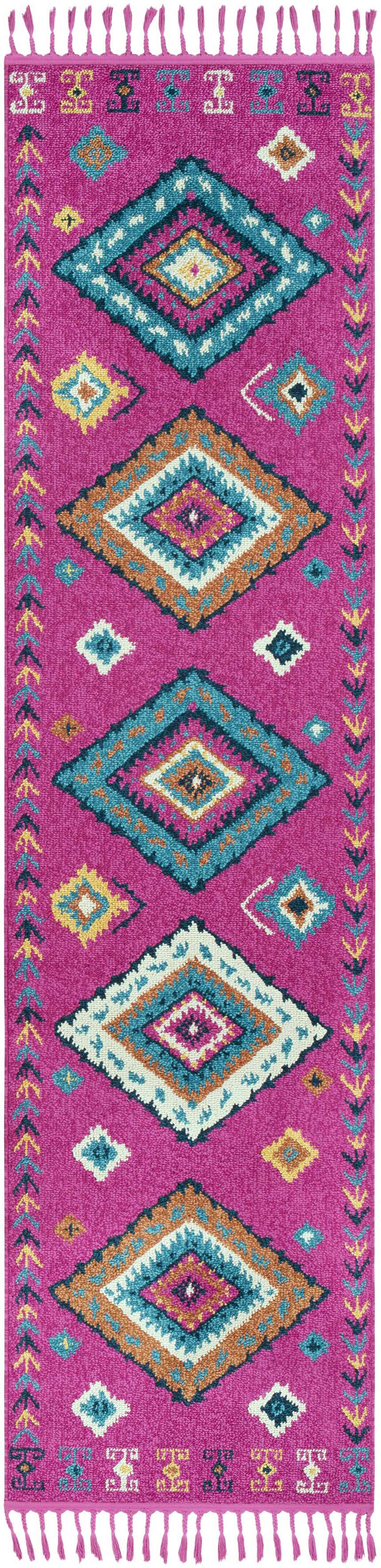 Close-up of Franktown Magenta Carpet runner with bohemian diamond pattern in aqua, blue, camel, and ivory. Tassels on both ends. Design-Runner-2710