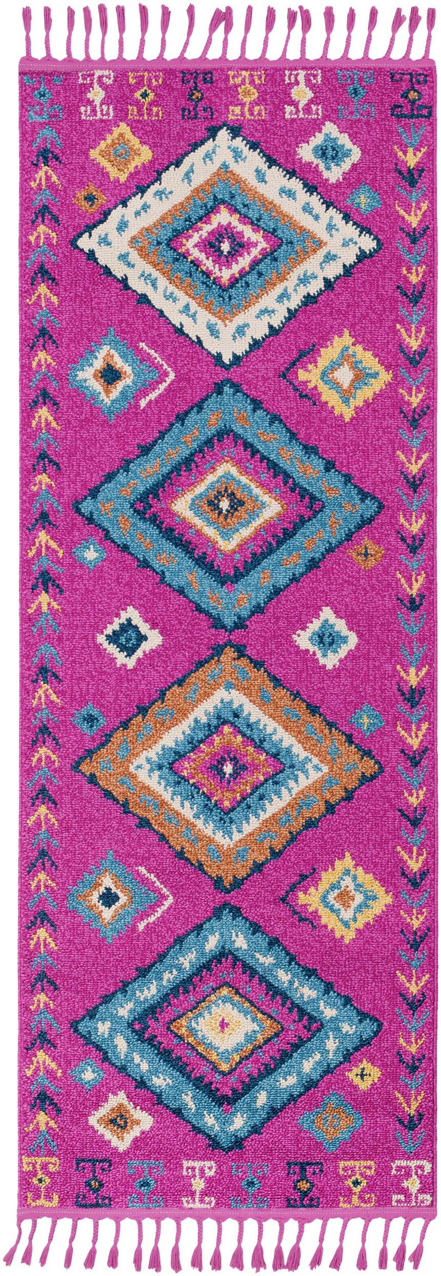 Franktown Magenta Carpet runner with bohemian diamond pattern in aqua, blue, camel, and fuchsia. Design-Runner-2773