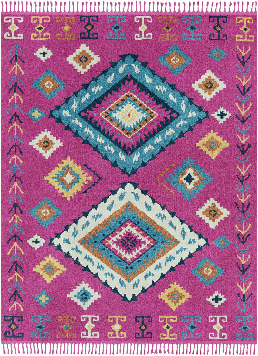 Detailed view of the Franktown Magenta Carpet, featuring a bohemian diamond pattern in aqua, blue, and fuchsia. Design-Rectangle-71010