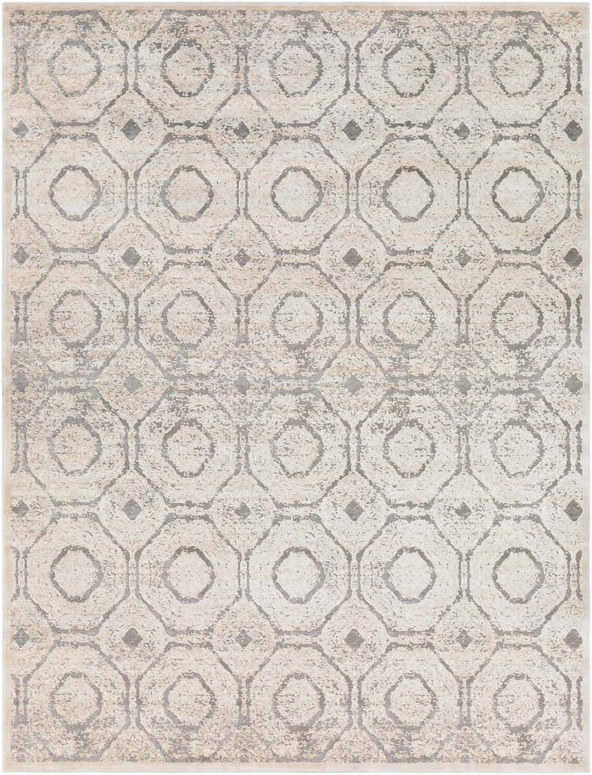 Close-up of Frenchtown Area Rug - Clearance. Beige rug with a geometric octagon and diamond pattern in gray. Design-Rectangle-710103
