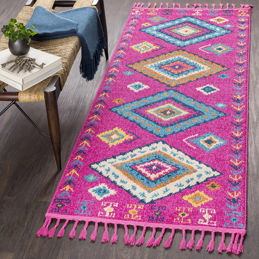 Bohemian runner rug in a hallway. Franktown Magenta Carpet with aqua, blue, and orange diamond pattern and tassels. Roomscene-Runner