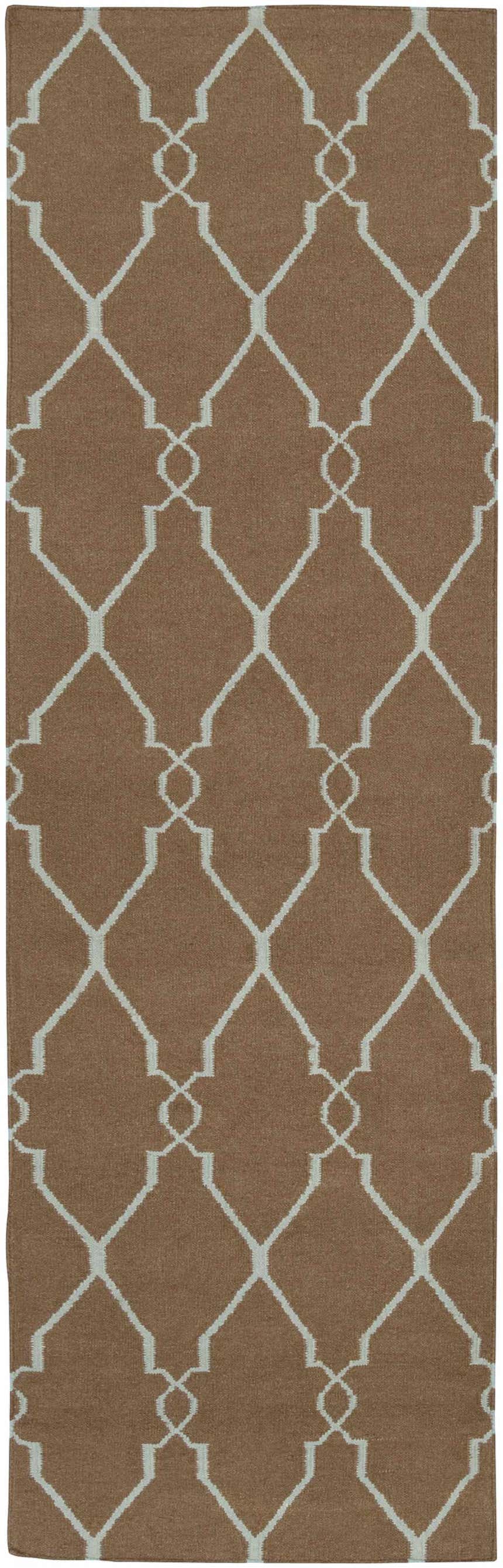 Close-up of the Frost Area Rug in dusty sage and medium brown, featuring a hand woven geometric trellis pattern. Design-Runner-268