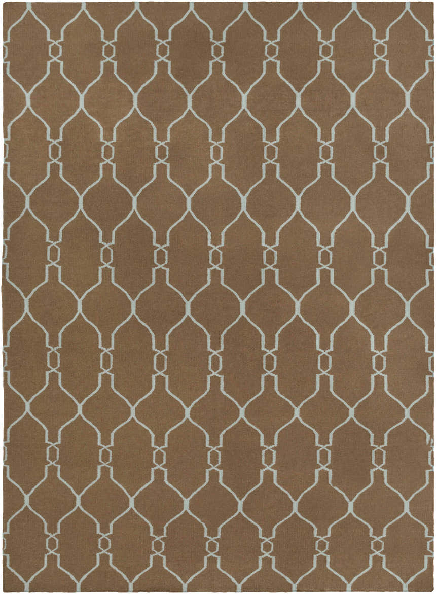 Close-up of the Frost Area Rug. Hand-woven wool rug in dusty sage and medium brown with a geometric trellis pattern. Design-Rectangle-811