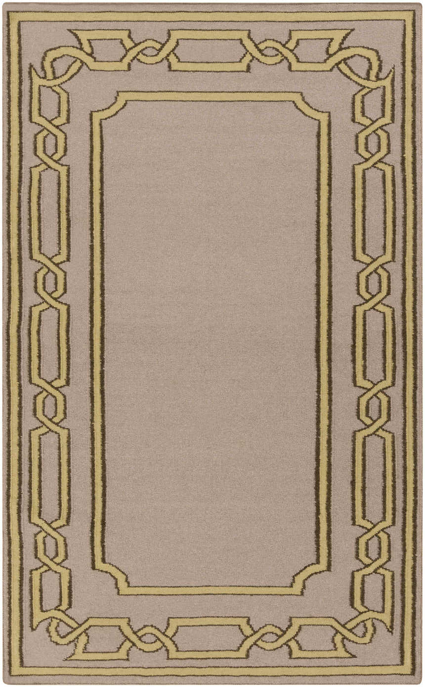 Close-up of the Fruitvale Area Rug. Taupe rug with a tan and brown geometric border. Hand woven wool rug. Design-Rectangle