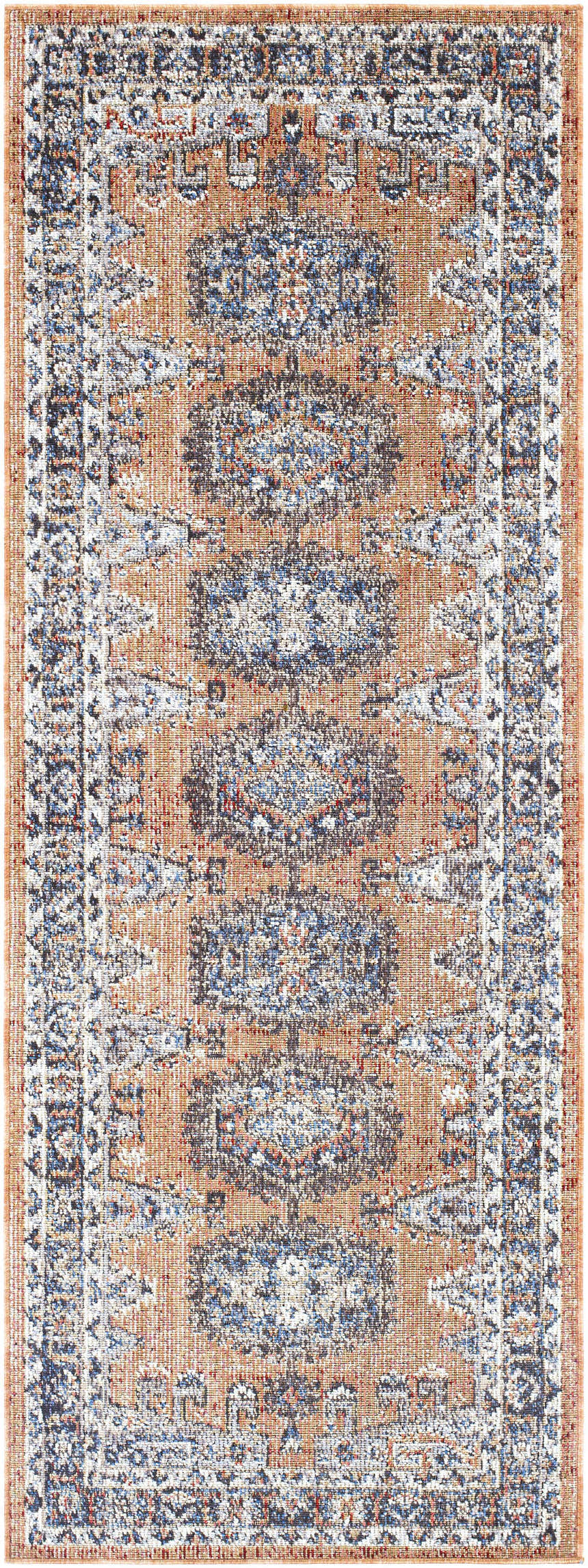 Detailed view of the Fullarton Performance Rug in beige, blue, and red with a traditional oriental pattern. Machine woven texture. Design-Runner-2773