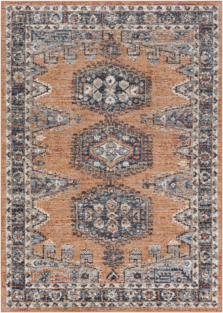 Detailed Fullarton Performance Rug close-up. Features beige, blue, and red oriental-inspired patterns. Design-Rectangle