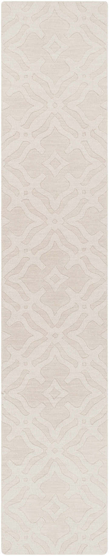 Close-up of the Fyffe Embossed Beige Wool Area Rug, showing its subtle geometric pattern and soft, textured wool fibers. Design-Runner-2312