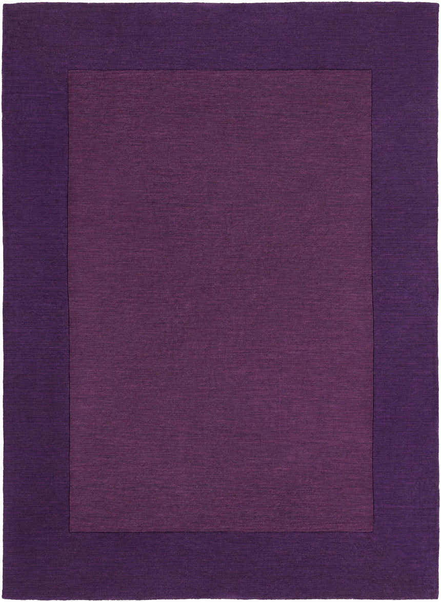 Close-up of a Bordered Solid Plum Purple Wool Rug. Hand-loomed rug with dark plum border and dark purple center. Design-Rectangle-811