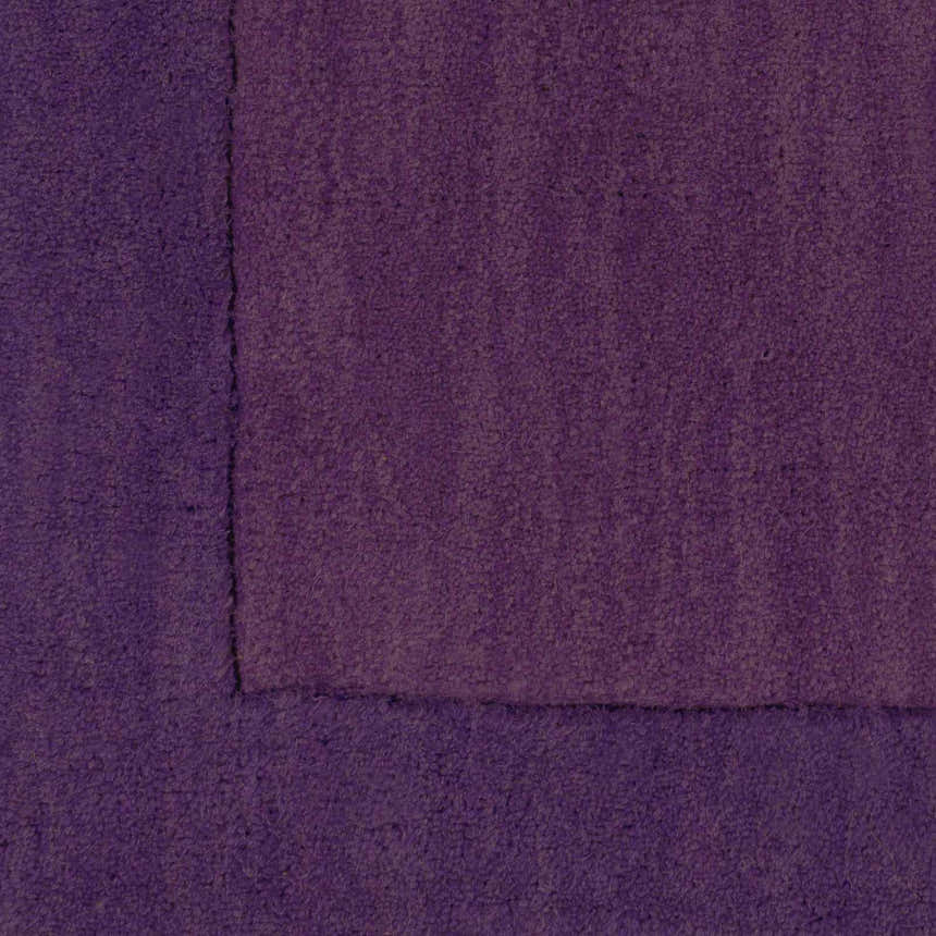 Close-up of a Bordered Solid Plum Purple Wool Rug showing the texture and color variations. Swatch