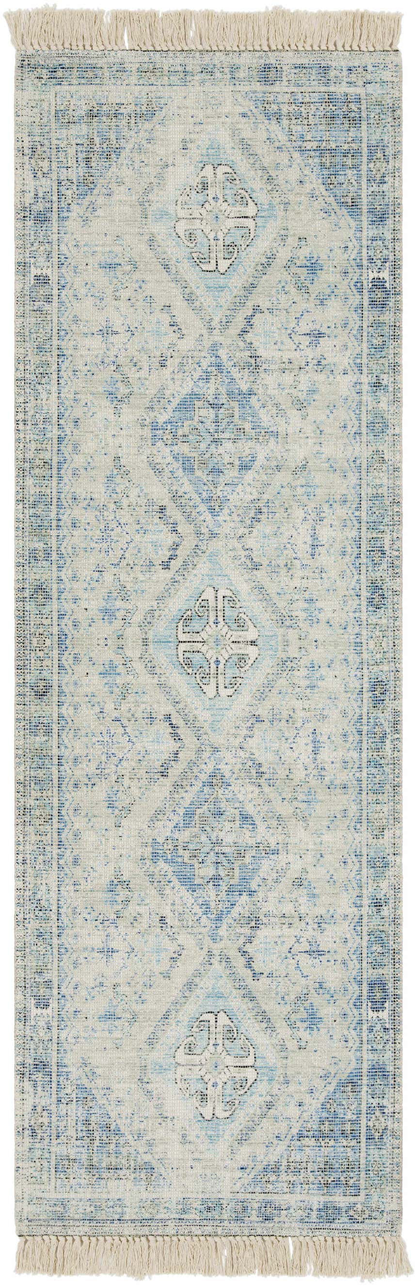 Hand woven Galgate Area Rug in aqua, teal, and white with farmhouse diamond pattern and fringe. Design-Runner-268